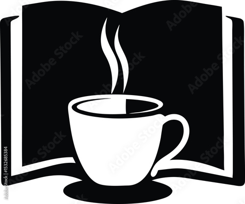 Minimalist Illustration of an Open Book with Steaming Coffee Cup Silhouette in Black and White