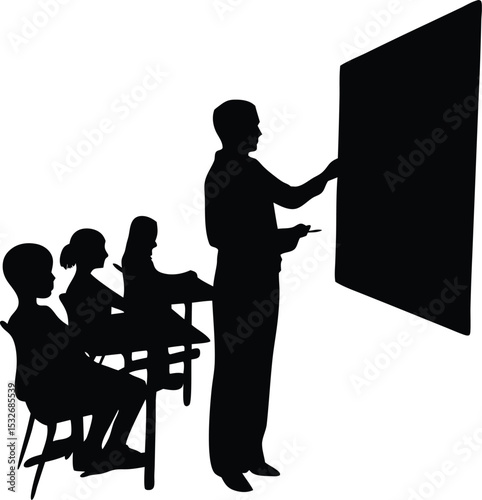 Classroom Silhouette Teacher Instructing Students by Blackboard in Educational Setting