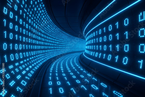 Abstract binary code flowing through a digital tunnel with blue light.