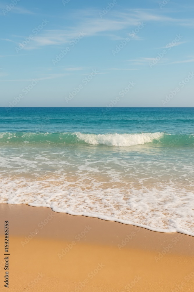 Fototapeta premium Tranquil beach with golden sand and clear waves under blue sky. AI-generated.
