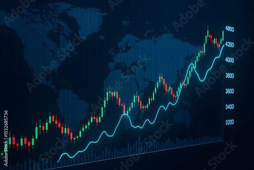 Financial trading graph on world map background, depicting stock market trends and investment strategies.