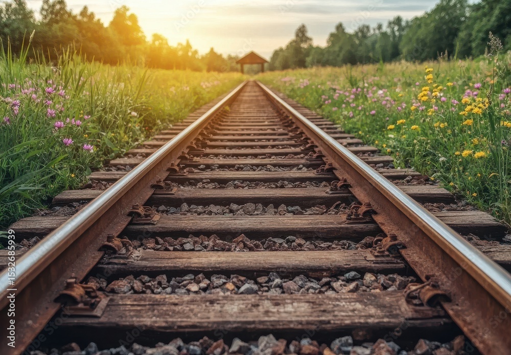 Obraz premium Close-Up View of Railroad Tracks Surrounded by Greenery and Flowers Leading into a Distant Structure at Sunset