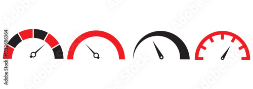 Speedometer, gauge meter icons. Vector scale, level of performance. Speed dial indicator. Green and red, low and high barometers, dashboard with arrows. Fast internet speed sign. Stock flat vector.