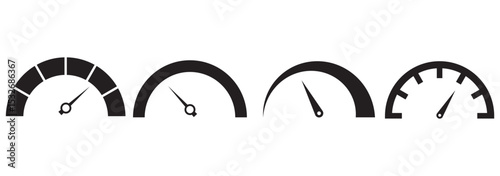 Speedometer, gauge meter icons. Vector scale, level of performance. Speed dial indicator. Green and red, low and high barometers, dashboard with arrows. Fast internet speed sign. Stock flat vector.