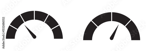 Speedometer, gauge meter icons. Vector scale, level of performance. Speed dial indicator. Green and red, low and high barometers, dashboard with arrows. Fast internet speed sign. Stock flat vector.