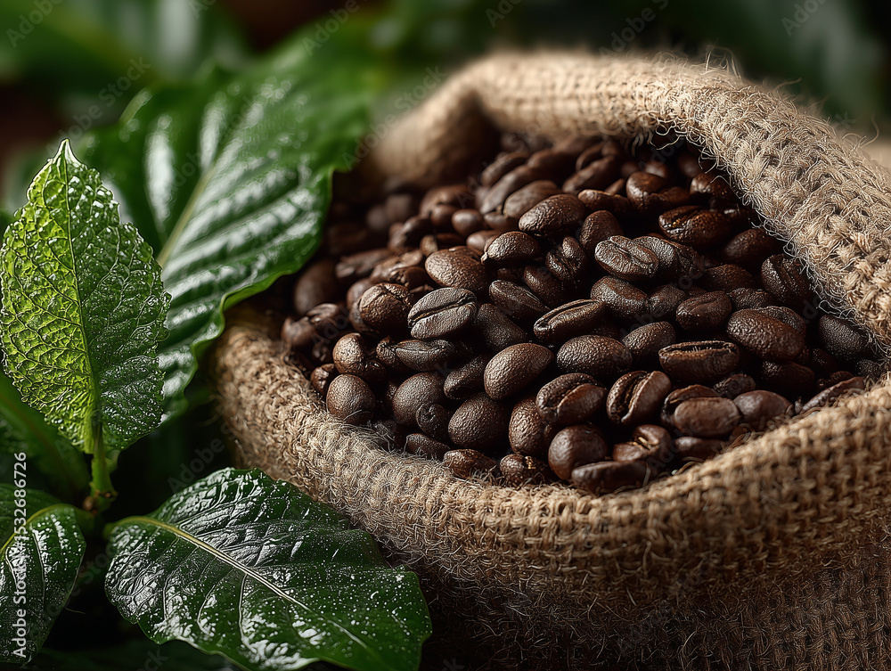 Obraz premium Juta worek wypełniony palonymi ziarnami kawy, otoczony świeżymi, zielonymi liśćmi kawowca. Symbol naturalności i jakości produktu kawowego.