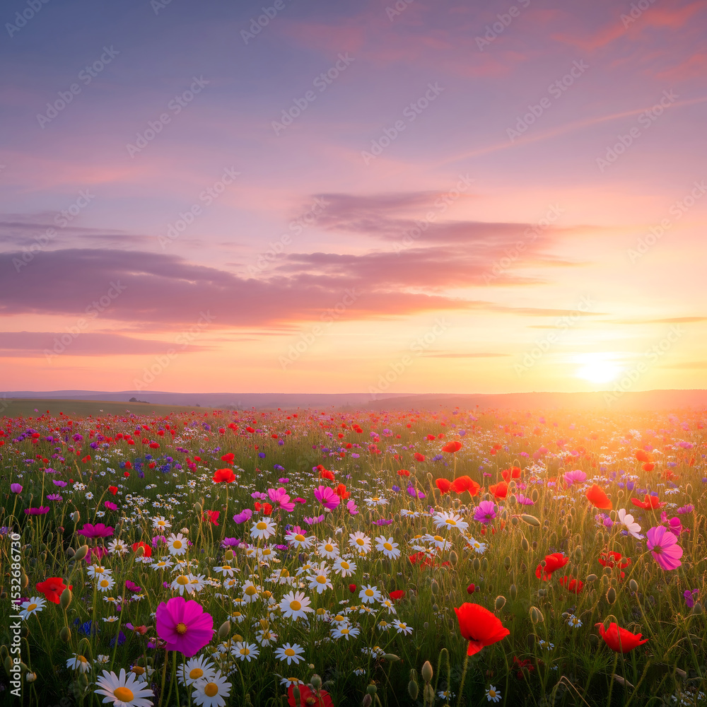 Obraz premium Breathtaking sunset over a wildflower meadow featuring vibrant colors and peaceful atmosphere