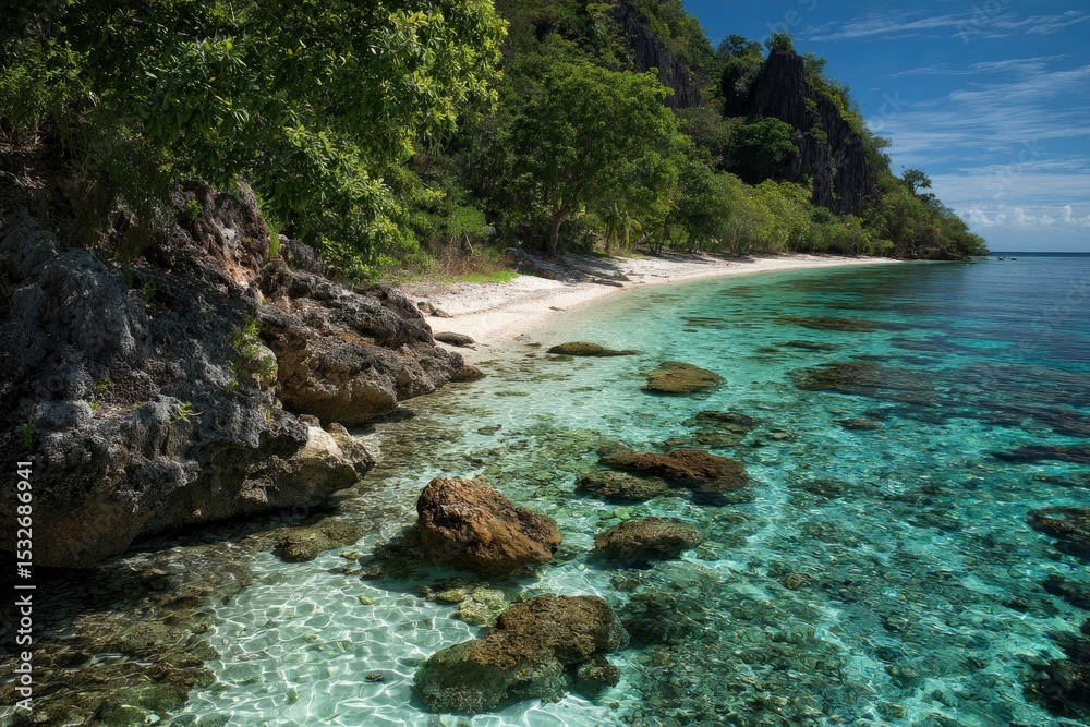 Fototapeta premium Beach scene clear turquoise water rock formations and a sandy shore with lush green trees along a cliff