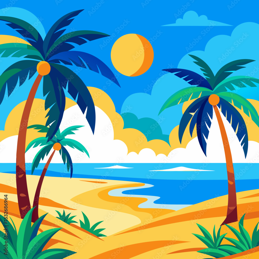 Fototapeta premium Tropical beach scene with multiple palm trees vector illustration