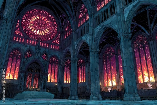 Vibrant colors illuminate the gothic architecture within the ancient cathedral, as flames flicker against stained glass windows capturing the viewer's attention deeply