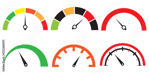 Dashboard speedometer icons set. Tachometer icon isolated. Performance indicator sign. Car speed. dashboard with arrows. Infographic of risk, gauge, score progress eps 10