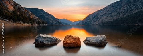Colorful Sunset Over a Calm Lake Surrounded by Majestic Mountains and Rocks Reflecting Serenity and Beauty in Nature's Splendor