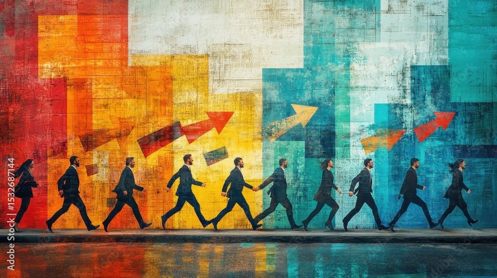 Obraz premium Diverse group of businesspeople running along colorful arrow pathway