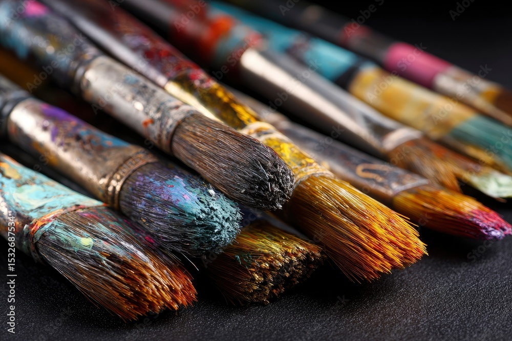 Fototapeta premium Closeup of multiple used paintbrushes with colorful paint remnants on the bristles and handles arranged on a dark surface