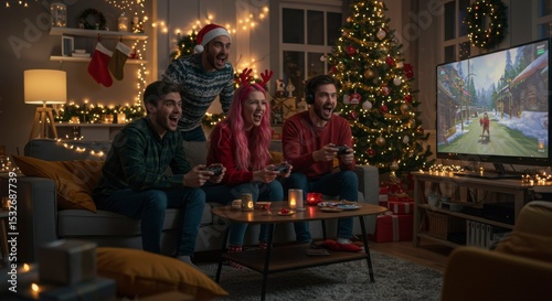 Four friends excitedly playing video games together on Christmas Eve