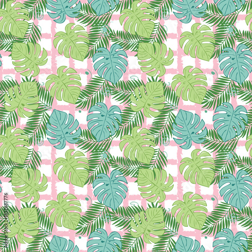 summer tropical seamless pattern Monstera leaves are arranged in a repeating pattern over a pink and white checkered background.