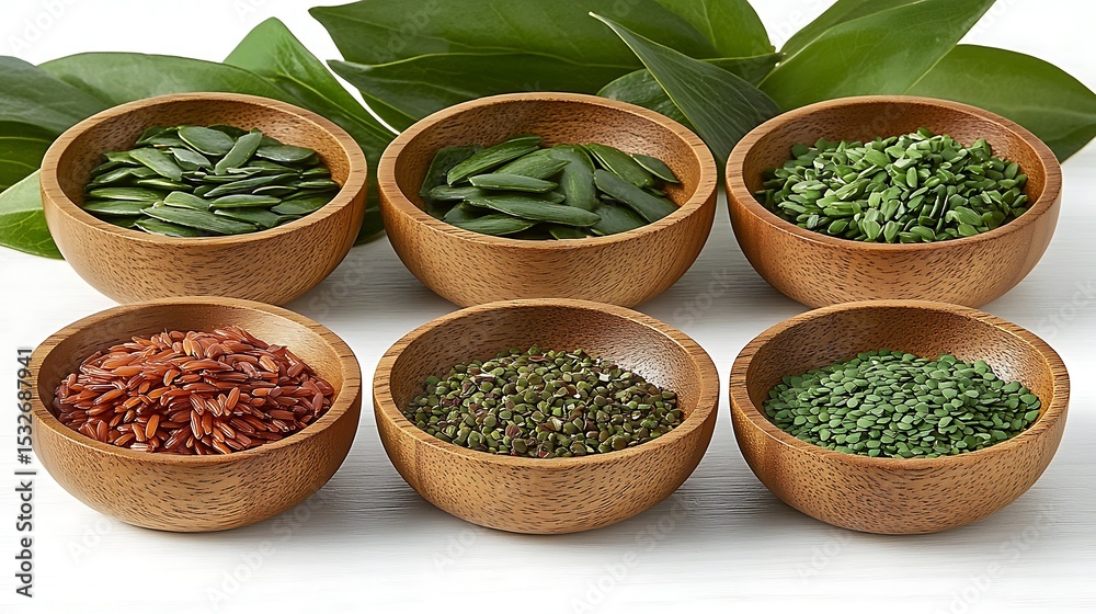Assortment of organic seeds and rice in wooden bowls on a white background Assortment of organic seeds and rice in wooden bowls on a white background