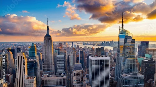 Epic aerial view of the Midtown Manhattan skyline, featuring the Empire State Building and other skyscrapers under a dramatic and beautiful sunset sky.

