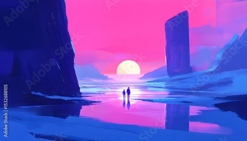 Two figures stand on a beach at sunset, silhouetted against a vibrant landscape.