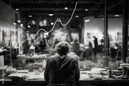 Creative individual immersed in work surrounded by ambient energy of a bustling gallery at night, capturing the essence of artistic creation and inspiration