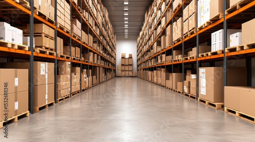 Modern Factory Interior with Large Shelving Units for Building Materials and Goods Storage in a Spacious Warehouse Environment