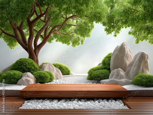 Serene Japanese Garden: Immerse yourself in the tranquility of a meticulously crafted Japanese garden, featuring a wooden platform and vibrant green foliage, offering a space of contemplation.