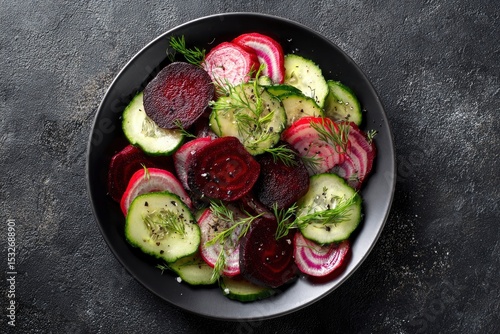 Overhead shot of a black plate containing sliced beets cucumbers and dill The plate sits on a dark textured surface