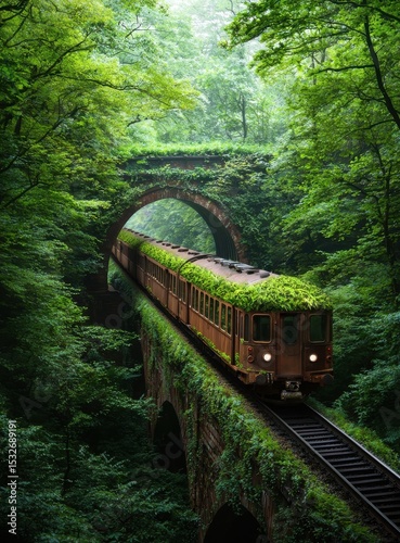 Organic Design of a Futuristic Train Gliding Through Lush Green Forest Under an Arched Bridge