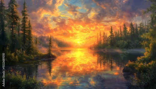 Golden sunset over a serene lake surrounded by towering pines.