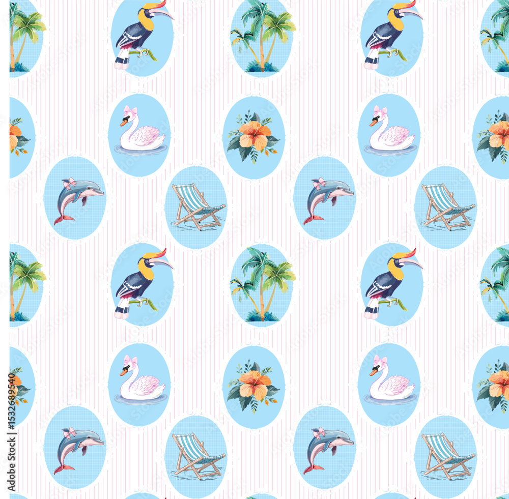 summer tropical seamless pattern Pattern with blue ovals featuring summer themes swans, dolphins, pelicans, deck chairs, palm trees , and hibiscus flowers summer tropical seamless pattern Pattern with blue ovals featuring summer themes swans, dolphins, pelicans, deck chairs, palm trees , and hibiscus flowers