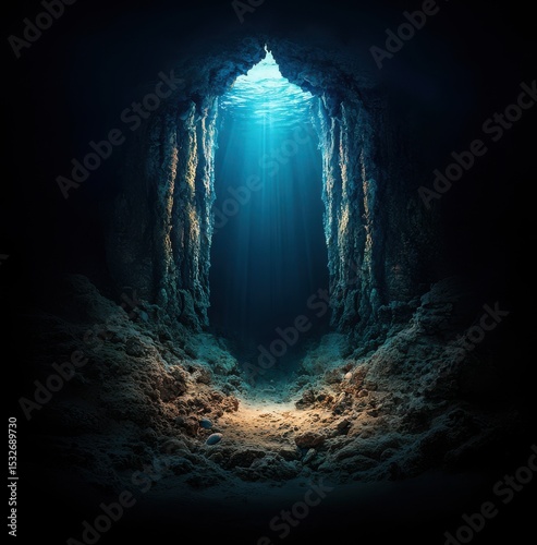 Mysterious Underwater Scene with Dark Waters Illuminated by Sunlight Filtering Through the Surface in a Serene Ocean Environment