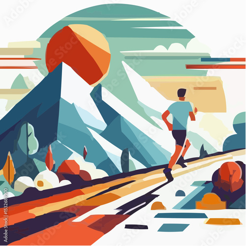 Man running on a mountainous path against a colorful sunset backdrop  