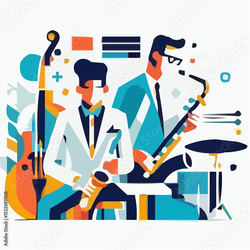 Jazz musicians playing saxophone and drums in colorful illustration  
