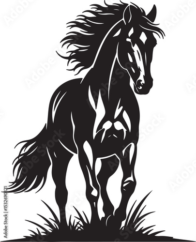 Black Silhouette Stallion Running Through Grass Wild Horse Equestrian Artwork vector