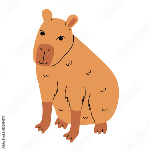 Cartoon flat style capybara sitting alone, isolated on white.