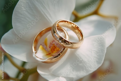 Two gold rings one with three small diamonds rest on a white orchid petal with a visible yellow and brown center photo