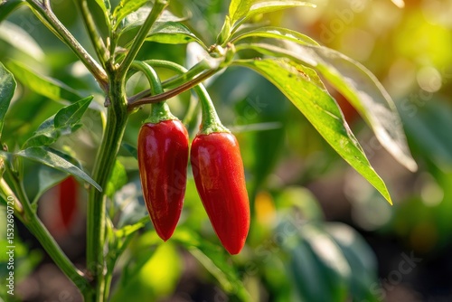 Two red peppers hang from a green stem surrounded by leaves in outdoor light photo