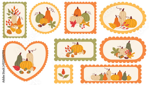 Set of scalloped heart, round, and rectangle frames with autumn harvest still life inside.