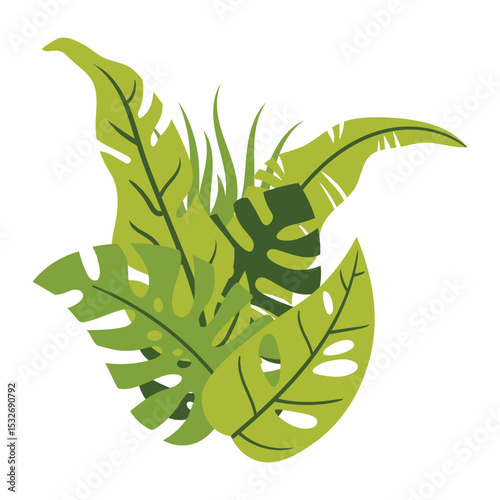Set of tropical leaf still life composition isolated on white, in cartoon flat style.