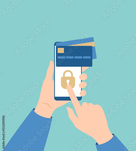 Hand holding smartphone with credit cards on it and pressing lock icon on screen. Flat vector illustration
