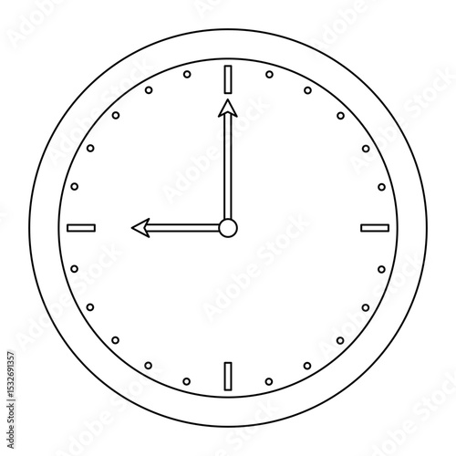 Coloring page for kids with outline drawing of round wall clock with ring mechanical dial showing 9 oclock - symbolizing school start time. For entertaining kids, back to school black and white design
