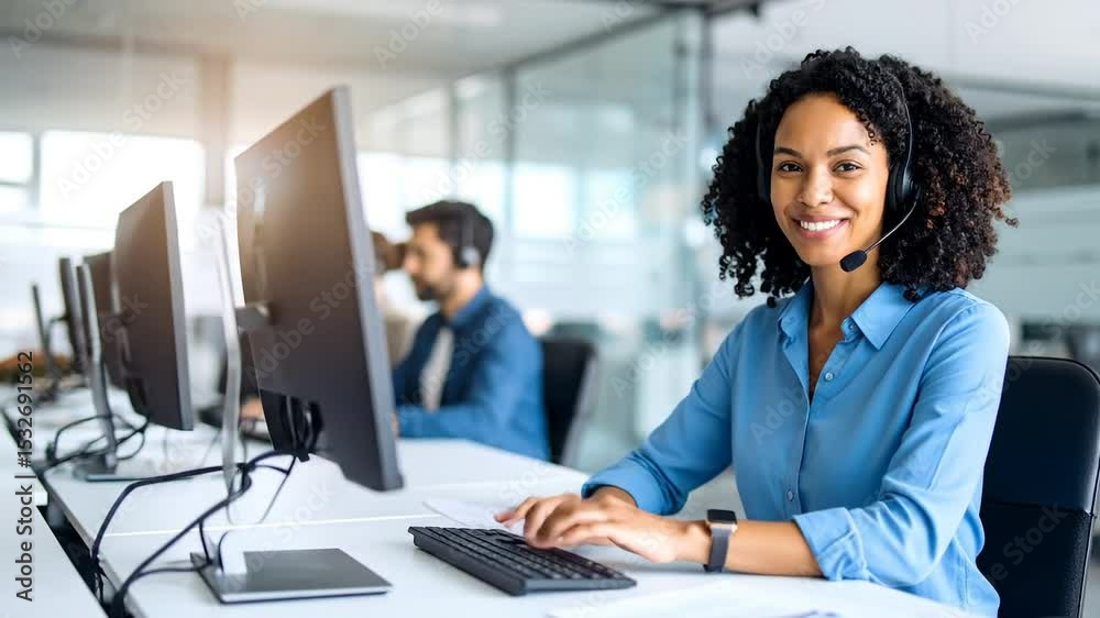 Smiling Woman Customer Service Agent at Desk Smiling Woman Customer Service Agent at Desk