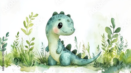 Cute watercolor dinosaur in greenery with leaves and grass