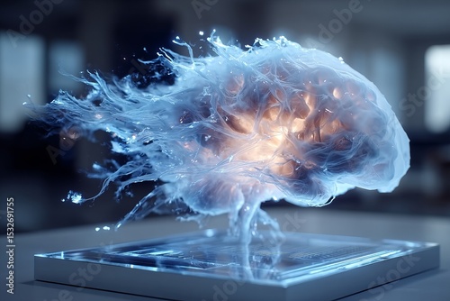 Mind in a new form a stunning representation of a brain made of flowing light and energy with a bright core set in a modern, minimalistic environment at a tech exhibition