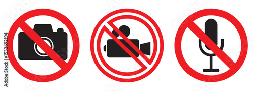 No Photographing prohibition sign symbol icon. Video, photo, phone, prohibited logo pictogram. Vector illustration. No sound. 