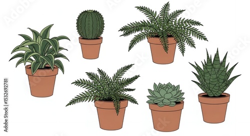 Charming Collection of Potted Plants: A Delightful Array of Succulents, Cacti, and Ferns