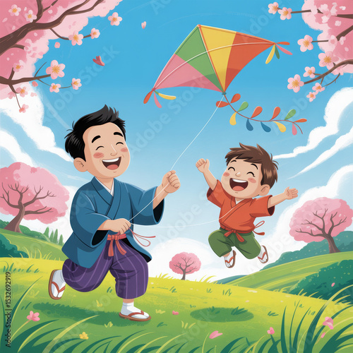 Father Son Kite Sakura Meadow Clipart: Smiling father and child having fun with a kite among blooming sakura, ideal for educational posters, storybooks and cheerful spring designs