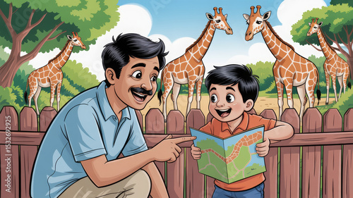 Father and Son Zoo Giraffes Illustration: A father and son visit the zoo together, happily reading a map in front of tall giraffes — perfect stock illustration for family, education and travel project