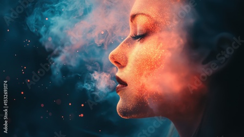 Surreal portrait of caucasian female with fiery abstract overlay