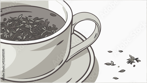 Artistic Outline Cup of Tea and Loose Leaf Herbs Illustration